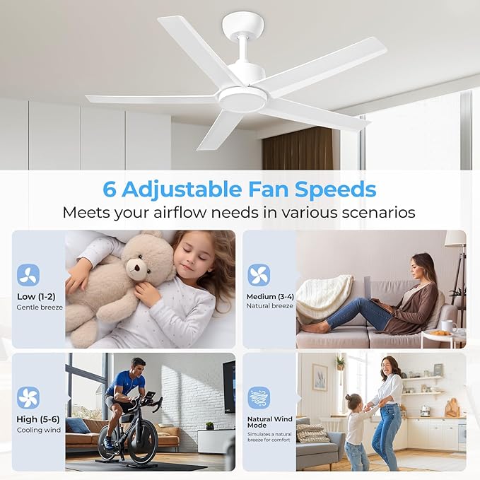 ocioc 44" Ceiling Fans with Lights,White Ceiling Fan with Light and Remote,Reversible Airflow,6 Speeds,Timer,Dimmable,Modern Ceiling Fan for Bedroom,Patios Indoor/Covered Outdoor Use