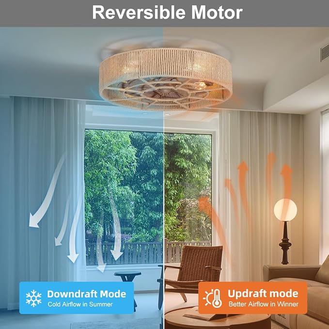 SHLUCE 22" Rattan Boho Caged Ceiling Fan with Light, Flush Mount Low Profile Ceiling Fan with Light, Rustic Large Bladeless Ceiling Fans with Lights and Remote for Bedroom, Living Room, Kitchen - ETL