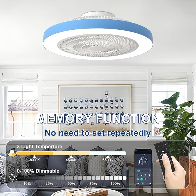 Depuley Modern Ceiling Fan with Light: 19" LED Flush Mount Low Profile Ceiling Fans with Remote & Smart APP Control - Blue Bladeless Fandelier Dimmable Quiet DC Motor for Bedroom Kids Room 6 Speeds