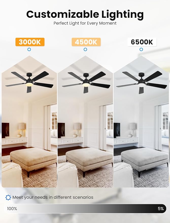 52 Inch Ceiling Fan with Lights and Remote, Downrod Mount, Sloped Ceiling Compatible up to 15°, Quiet Reversible DC Motor, 3CCT Dimmable LED, Black Ceiling Fan for Bedroom Living Room