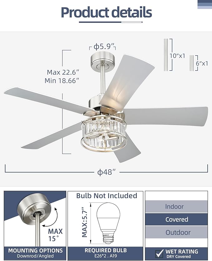 YOUKAIN 48 Inch Brushed Nickel Ceiling Fan with Lights and Remote, Modern Crystal Ceiling Fan, 5 Reversible Gray & Wood Blades, Quiet Indoor Ceiling Fan for Bedroom Living Room, 48-YJ632A-BN