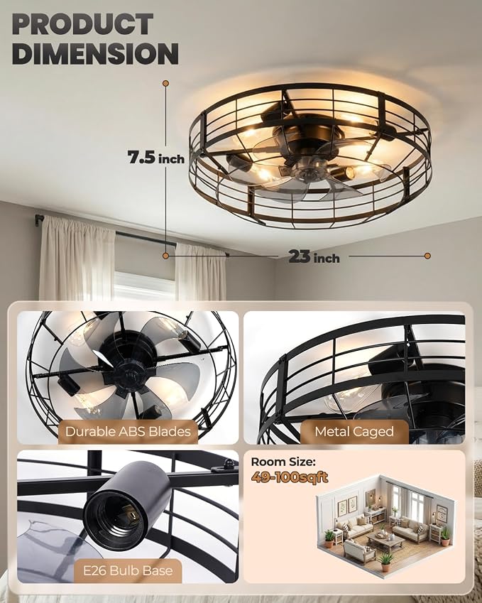 23 Inch Farmhouse Caged Ceiling Fan with Light, Remote Control Flush Mount Fan Lights Ceiling Fixtures, 6 Speeds Reversible Motor Bladeless Indooor Lights for Kitchen, Living Room, Bedroom, Black