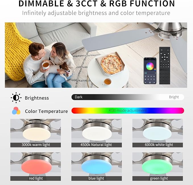 FUMLTP Ceiling Fans with Lights, 54inch RGB Low Profile Ceiling Fan with Light and Remote/App Control, Flush Mount, Dimmable, Reversible DC Motor, Noiseless, 6 Speeds Nickel Ceiling Fan for Bedroom