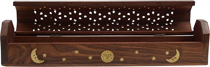 Coffin Style Wood Incense Burner Holder with Sun and Moon Inlays for Incense Sticks and Cones