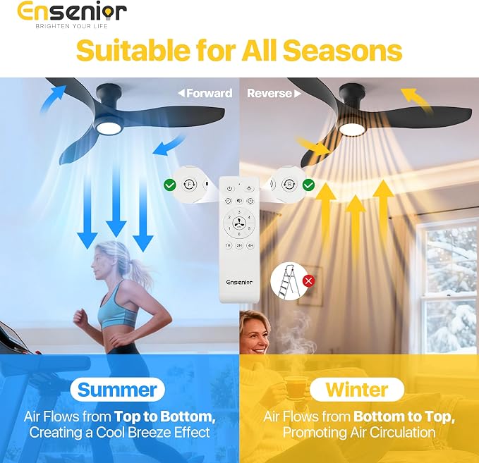 Ensenior 52 Inch Flush Mount Ceiling Fan with Light and Remote, Black Low Profile Ceiling Fans with Lights for Bedroom Living Room, 3 ABS Blades, Modern Quiet Reversible DC Motor, 3CCT, 6 Speeds