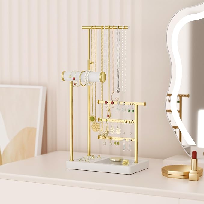 SZQINJI 5 Tier Jewelry Holder Organizer, Gold Necklace Stand Display, White | Velvet Bracelet Holder, Adjustable Height Jewelry Display for Necklaces, Bracelets, Earrings, Rings, Gift Idea for Women