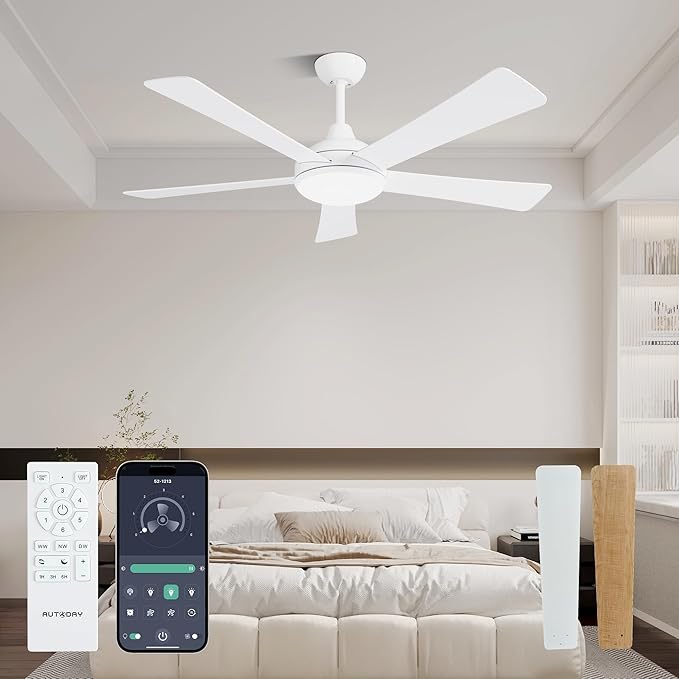 Ceiling Fans with Lights and Remote/App Control: 52 Inch White Ceiling Fan with Light, Quiet Reversible DC Motor, Dimmable Tri-Color LED, Modern Ceiling Fan for Bedroom/Patio, Indoor/Outdoor