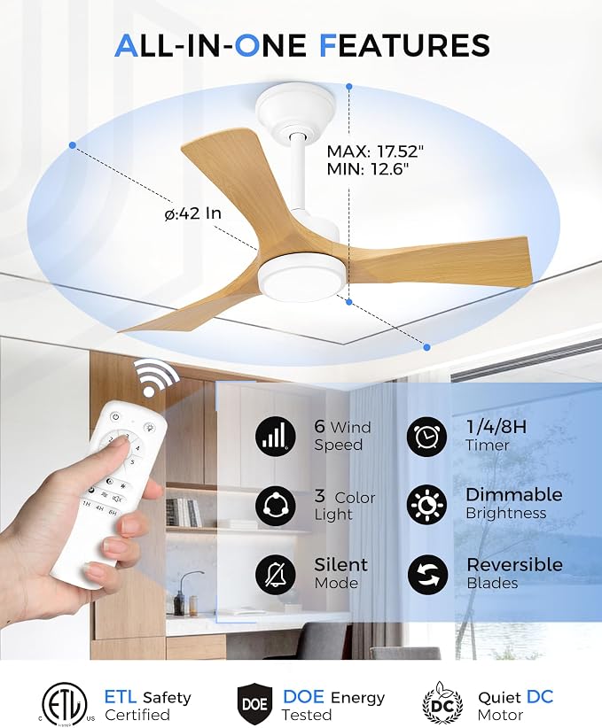 42'' Coastal Grade White Ceiling Fan with Light and Remote, Corrosion Resistant Indoor Outdoor Fan, Quiet Reversible Motor, 3CCT Dimmable LED, ABS Blade Fan for Bedroom, Patio, ZCCF08WY-42