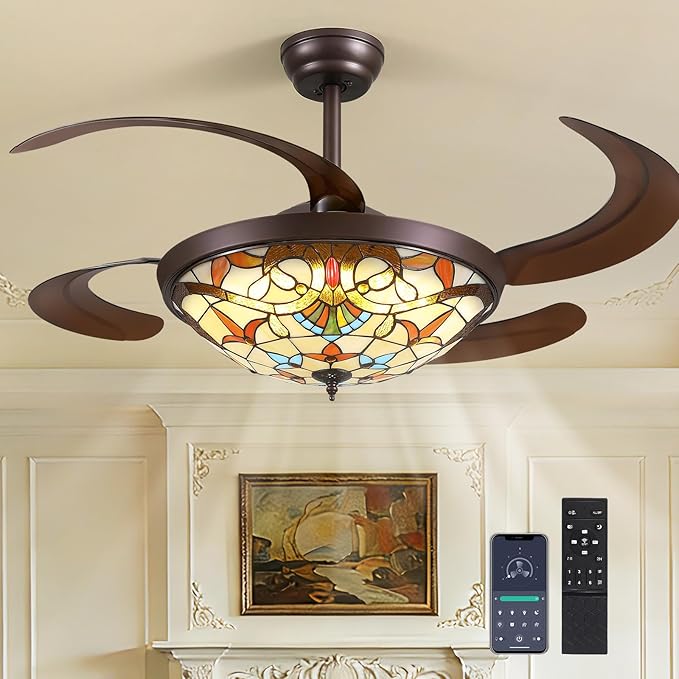 48inch Retractable Ceiling Fan Tiffany Style Chandelier Light Fixtures Ceiling with Remote & Dimmable, 6-Speed, Reversible Vintage Fandelier for Bedroom Living Room Dining Room Kitchen