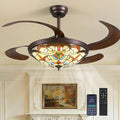 48inch Retractable Ceiling Fan Tiffany Style Chandelier Light Fixtures Ceiling with Remote & Dimmable, 6-Speed, Reversible Vintage Fandelier for Bedroom Living Room Dining Room Kitchen