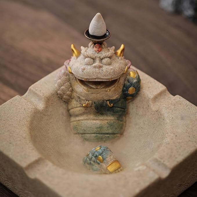 Pixiu Backflow Incense Burner with Ashtray, Mythical Beast Resin Incense Holder & Wealth Guardian Statue, Waterfall Smoke Effect Decor for Desk, Home Office Zen Gift