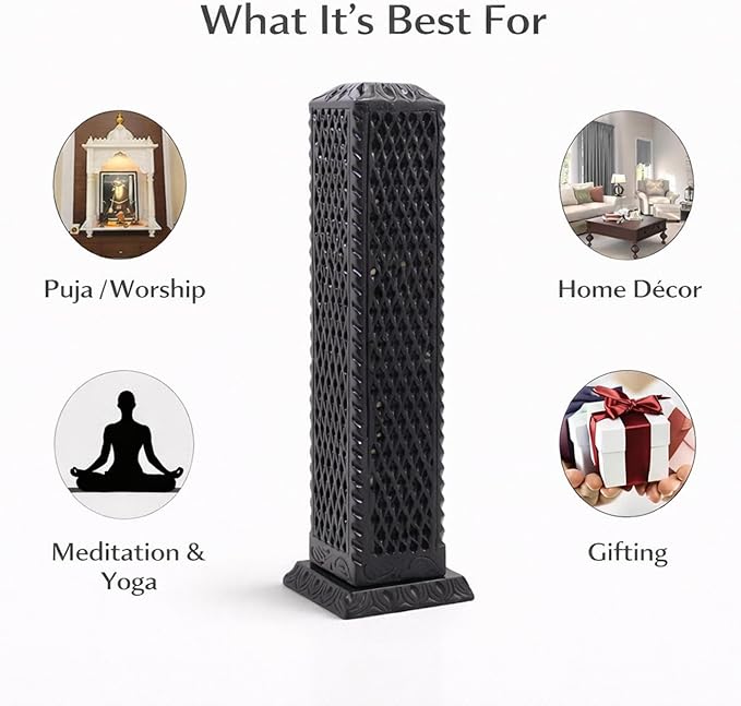 Handmade Marble Black Soapstone Incense Stick Burner | Candle Stick Holder | Tea Light Burner - Perfect Jaali Carving for Gifting. Decorative Home and Kitchen Decor (3 x 3 x 11 Inches).