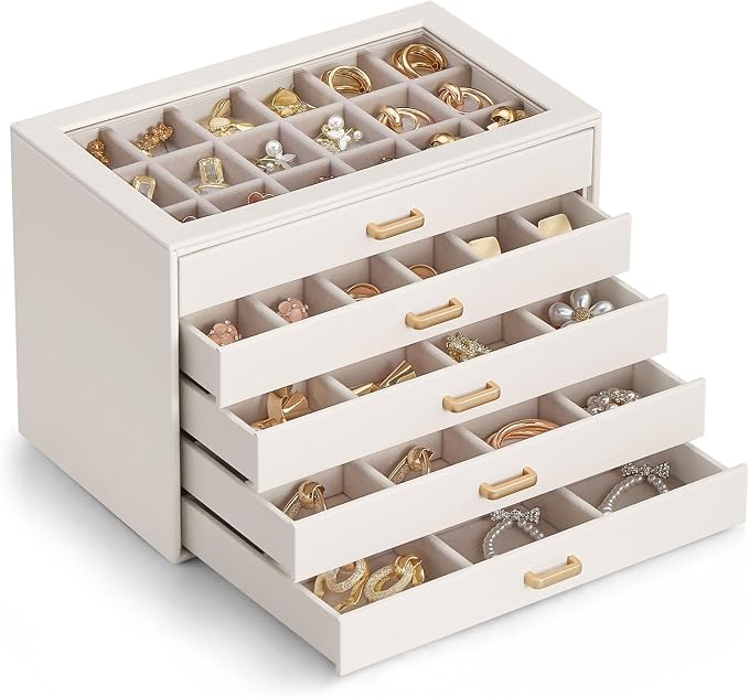 Lolalet Earring Organizer, Jewelry Box with Clear Lid -Beige, 5 Layer | PU Leather, Velvet, Removable Dividers, Dustproof, Easy Clean, For Studs Rings, Gift for Women Girls, Home Aesthetic Decor