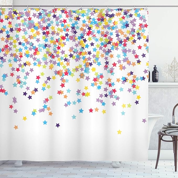 Ambesonne Star Print Shower Curtain, Falling Star Print Shaped Party Items Birthday Anniversary Surprise Party Celebration Theme, Cloth Fabric Bathroom Decor Set with Hooks, 69" W x 70" L