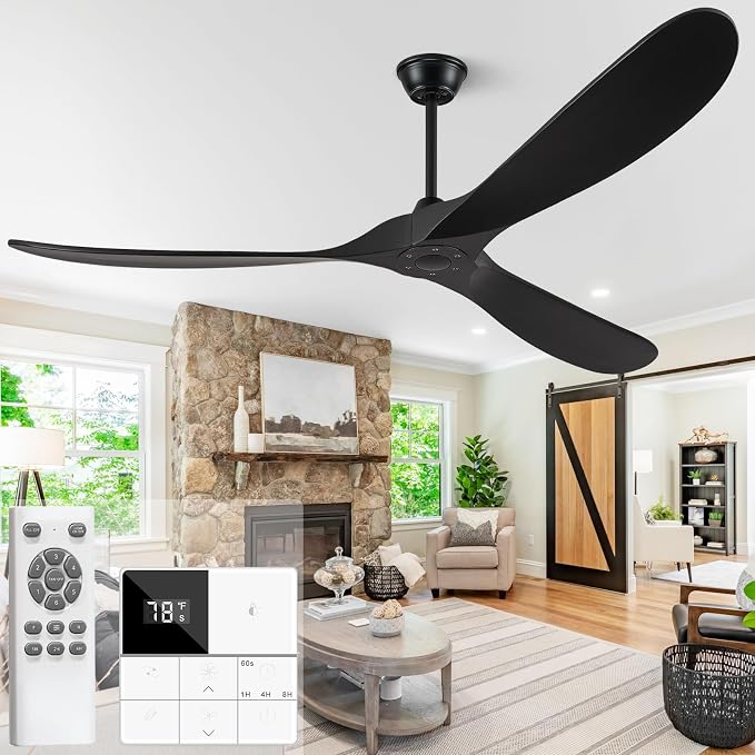 Eliora 72 Inch Ceiling Fan With Remote And Wall Switch,Large Wood Ceiling Fan Without Light 3 Blades,Outdoor Ceiling Fans 6 Speed,Quiet DC Motor for Patios-Black