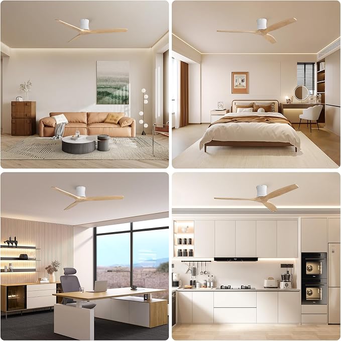Sofucor 52" Smart Ceiling Fan No Light, Solid Wood Low Profile Ceiling Fan with Remote, Flush Mount Ceiling Fan Works with Alexa/Google/App 6-Speed Timing Reversible DC Motor for Living Room Bedroom