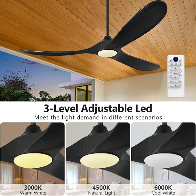 ABZ Ceiling Fans with Lights and Remote Control, 60 Inch Solid Wood Propeller Outdoor Ceiling Fan for Patios, 3 Blades Black Ceiling Fan with Light for Indoor Porch Farmhouse, Matte Black