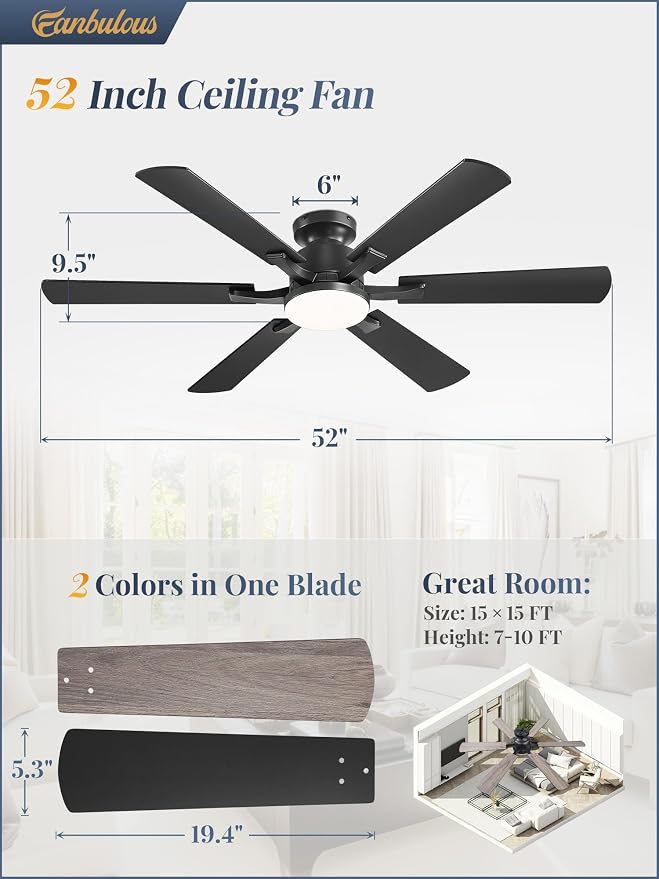 Fanbulous 52 Inch Ceiling Fan with Lights, APP & Remote Control, Flush Mount Low Profile Black Ceiling Fan, 3000-6000K Dimmable LED, Quiet Reversible Motor, 6 Blades, 6 Speeds, for Bedroom Living Room