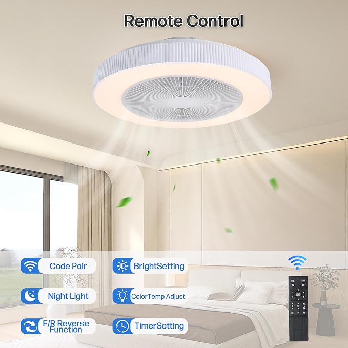 20" Bladeless Ceiling Fans with Light Remote Control,LED Smart Flush Mount Ceiling Fan With light for Bedroom, Kids Room, Reversible Motor, 6 Wind Speed, 3000LM, 57W-White/Black (White)