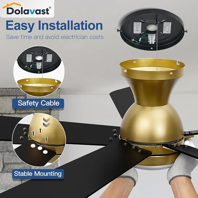 Ceiling Fans with Lights and Remote, 48 Inch Ceiling Fan with Light, Low Profile, Reversible, Dimmable LED, Flush Mount, Quiet, DC Motor, Gold Ceiling Fan for Bedroom, Kitchen, Dining Room