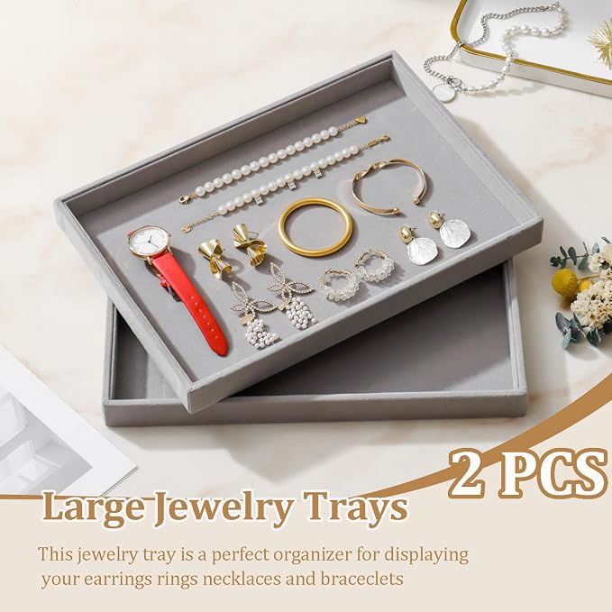 Large Velvet Jewelry Tray 2 Pack Stackable Jewelry Display Drawer Inserts Trays Organizer for Earring Bracelet Necklace Ring (Gray, 1 Grid)