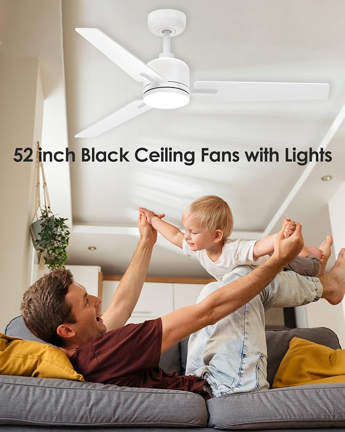 52 Inch White Ceiling Fan with Lights and Remote, Modern DC Motor Ceiling Fan with 3 Reversible White/Natural Wood Blades, 3CCT Dimmable LED, 6 Speeds, Quiet Fan for Nursery, Bedroom, Patio