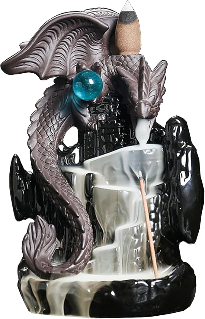 Ceramic Backflow Incense Holder, Waterfall Incense Burner with 20 Backflow Incense Cones + 30 Incense Stick, Dragon Backflow Incense Burner for Aromatherapy Ornament Home Decor