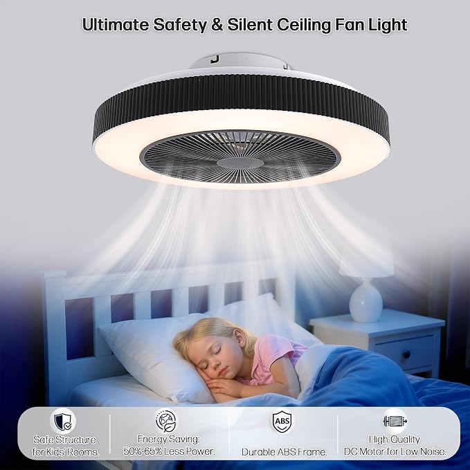 20" Bladeless Ceiling Fans with Light Remote Control,LED Smart Flush Mount Ceiling Fan With light for Bedroom, Kids Room, Reversible Motor, 6 Wind Speed, 3000LM, 57W-White/Black (Black)