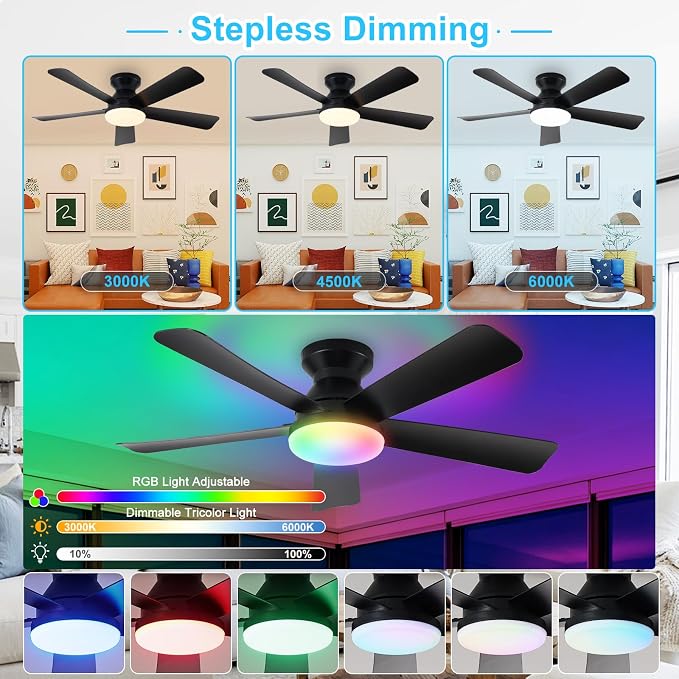 Depuley Ceiling Fan with RGB Light: 42-Inch Black Small Fans for Bedroom Indoor Outdoor - Dimmable Low Profile Ceiling Fans with Remote Control Flush Mount 5 Reversible Black Blades 6 Speeds Timer