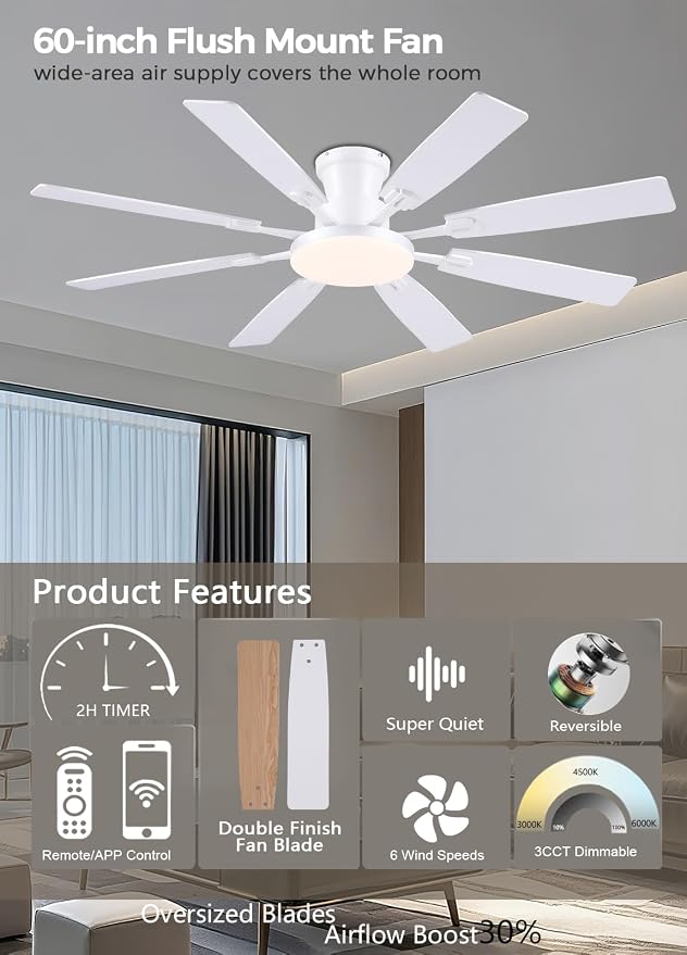 JSAITEE 60Inch Ceiling Fan with Lights, Large Low Profile Flush Mount,White | Ceiling Fans,DC Reversible Motor Noiseless, 3CCT Dimmable, Dual Finish, 6 Speeds Ceiling Fan for Indoor/Outdoor