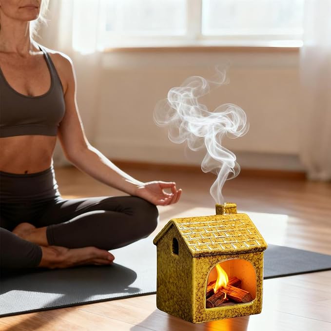 Ceramic Mini Chiminea Palo Santo Burner | Sage & Incense Cone Holder | Stable Smudge Bowl for Zen Altar, Meditation, Yoga | Home Decor & Gift (Yellow)