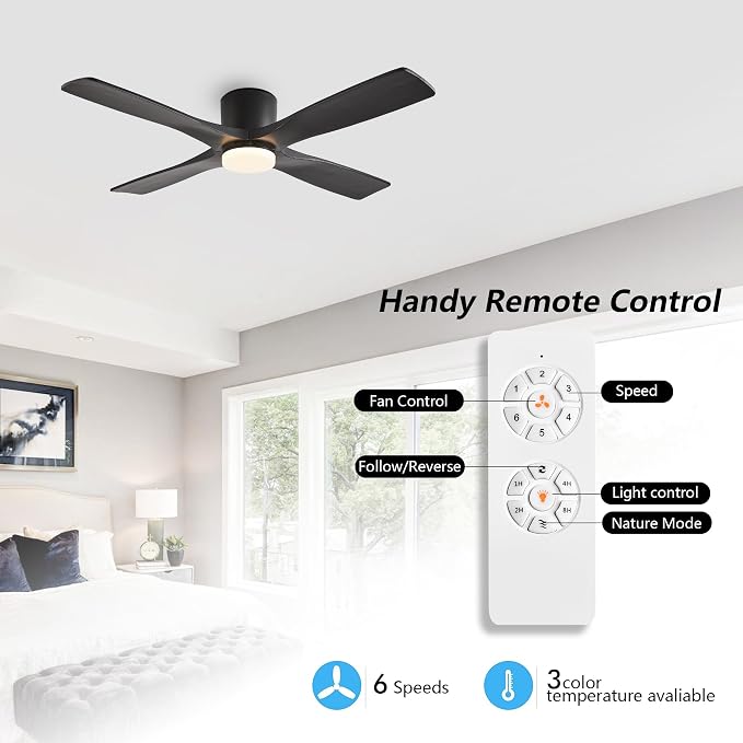 WINGBO 48 Inch Flush Mount DC Ceiling Fan with Lights and Remote, 4 Reversible Carved Wood Blades, 6-Speed Noiseless DC Motor, Hugger Ceiling Fan in Black Finish, Low Profile Ceiling Fans, ETL Listed