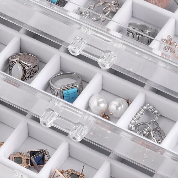 Frebeauty Acrylic Jewelry Organizer Earring Organizer Box with 5 Drawers Earring Holder Organizer with Velvet Trays Clear Jewelry Box for Women Earring Display for Rings Studs(White) | 61 Jewelry Storage Grid for Rings Studs Bracelet,Velvet Lining,Tran...
