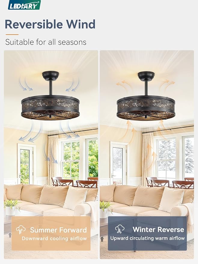 LEDIARY Farmhouse Chandelier Ceiling Fan with Light,20 Inch Black Caged Enclosed Bladeless Fan Lights Ceiling Fixtures,Vintage Victorian Rustic Fandelier for Indoor,Kitchen,Bedroom,Living Room