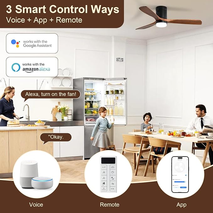 Sofucor 52 Inch Smart Ceiling Fans with Lights, Flush Mount Ceiling Fan with Lights and Remote, Work with Alexa/Google/App, Quiet DC Motor, 3 Blade Wood Ceiling Fan for Bedroom Patio, Walnut&black