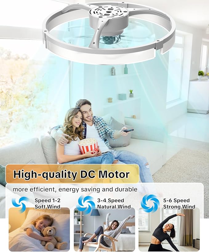 AIKVSXER 20" Ceiling Fan with Light, Modern Low Profile Fan Light, Quiet DC Motor, 6 Speeds, 3000K-6500K Dimmable LED, App & Remote Control, for Bedroom Living Room