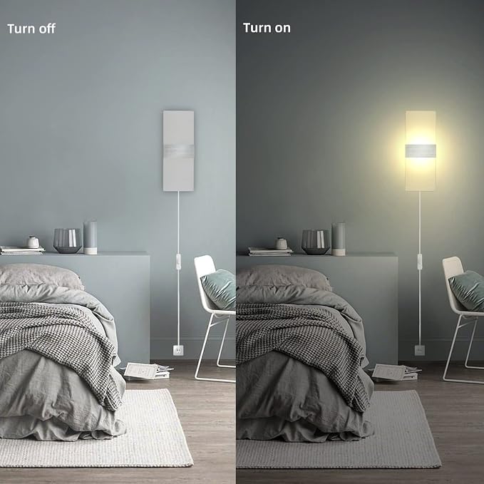 KICAAO Wall Sconces, Modern Wall Sconce Plug in 10W 6000K Cool White Acrylic Wall Lights with 6FT/180cm Plug in Cord and On/Off Switch on The Cord (Warm White 2700K 2Pack)