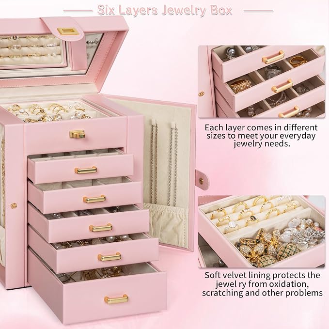 AKOZLIN 6-Tier Jewelry Box Organizer Functional 5 Drawers Leather Jewelry Storage Case for Women Girls Ring Necklace Earring Bracelet Holder Organizer with Mirror Light Pink Regular