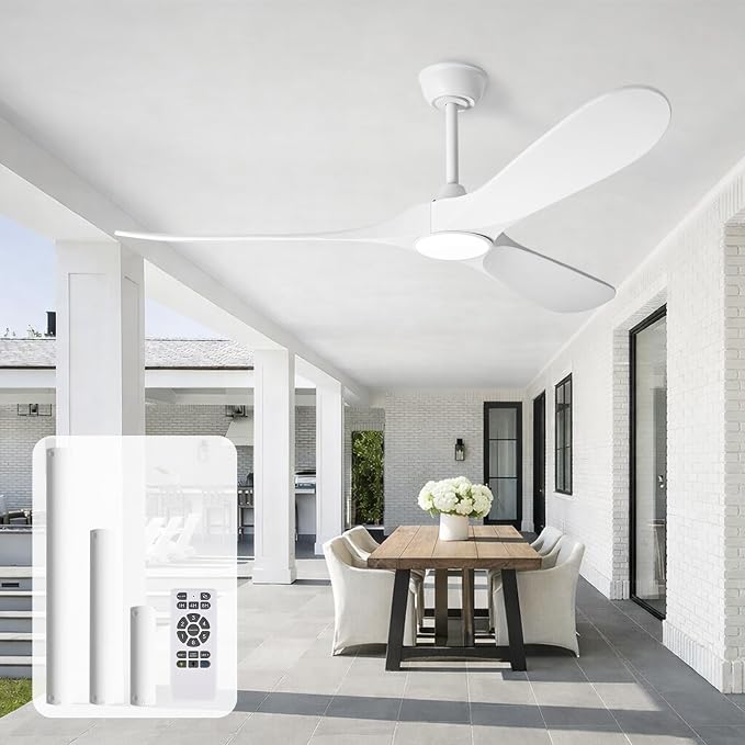 heimo 52 Inch White Ceiling Fan with Light and Remote, Wood Outdoor Ceiling Fans with Lights Dimmable for Bedroom Living Room Patios Kitchen Modern 3 Blade Propeller Indoor Fan