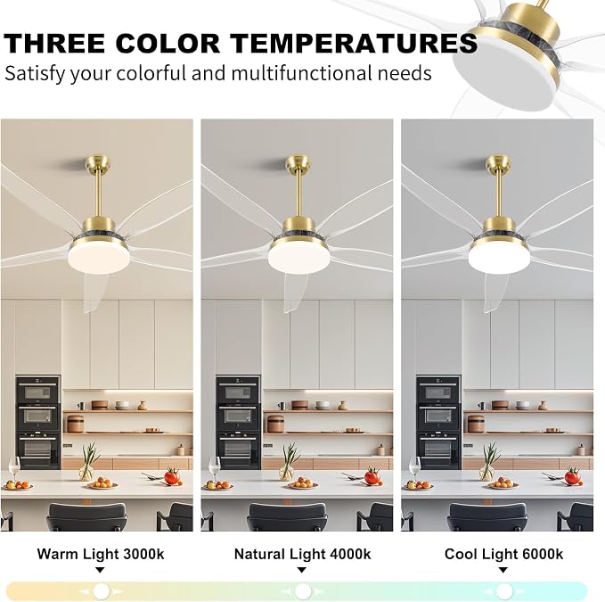 OKELI Clear Ceiling Fan with Light, 58 Inch Gold Transparent Ceiling Fans with Light and Remote 3 Reversible Blade LED Ceiling Fan and Light Combo for Living Room, Bedroom, Patio