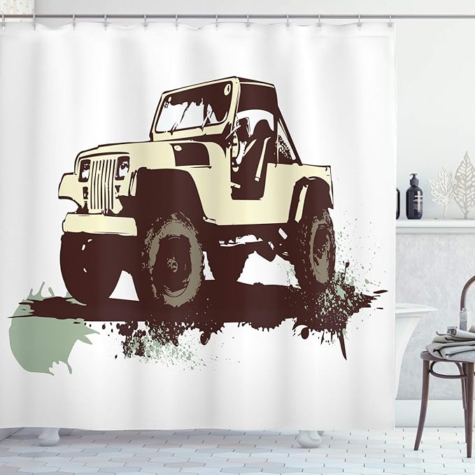 Ambesonne Grunge Shower Curtain, Retro Pop Art Style Vintage Car on The Road Adventure Graphic Design Print, Cloth Fabric Bathroom Decor Set with Hooks, 69" W x 70" L, Brown Cream and Mint