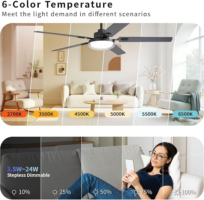 60 Inch Ceiling Fans with Lights and Remote, Bedroom Living Room Office Industrial, 5CCT Dimmable, Dual Color 5 Blades, 6 Speed Reversible Quiet DC Motor, Double-Layer Lampshade, Black/Wood Grain