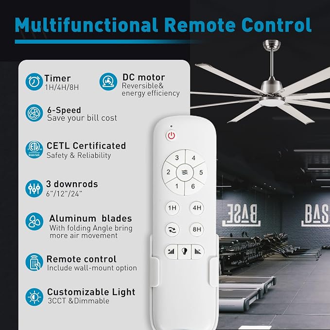 84 lnch lndustrial Celing Fan with Light and Remote Control,Large Celing Fan with 8 Brushed Nickel Aluminum Blades,6 Speed Noiseless DC Motor,Wet Rated Indoor Outdoor Ceiling Fans for Patio,Garage
