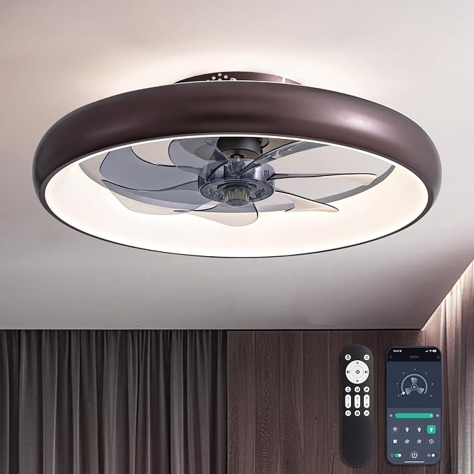 LUDOMIDE Ceiling Fan with Lights and Remote, 20'' Low Profile Flush Mount, 6 Wind Speeds, Modern Dimmable LED, Smart for Bedroom, Kids Room