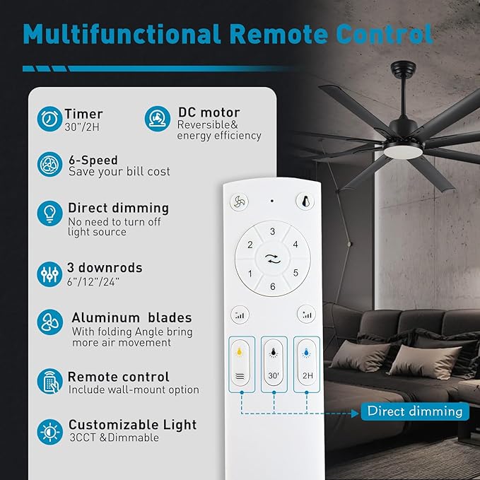 72 lnch lndustrial Celing Fan with Light and Remote Control,Large Celing Fan with 8 Black Aluminum Blades,6 Speed Noiseless DC Motor,Wet Rated Indoor Outdoor Ceiling Fans for Patio,Garage,Exterio