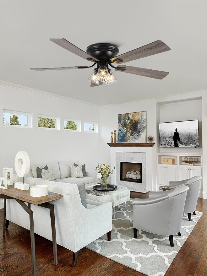 52 Inch Vintage Flush Mount Ceiling Fan with Lights and Remote | Farmhouse Rustic Fandelier, Low Profile Antique Chandelier, 3 E26 Bulbs 5 Blade, for Bedroom Living Room
