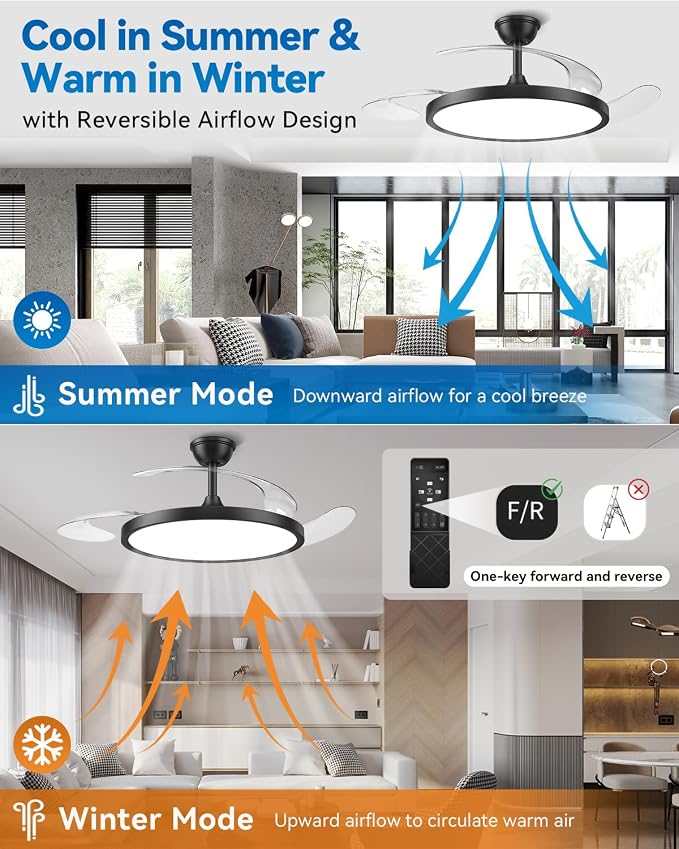 【Slim】48" Retractable Ceiling Fans with Lights, Large Fandelier Ceiling Fan with Light and Remote, Reversible, 3 CCT, Dimmable, Modern Chandelier for Bedroom, Living Room, Dining Room (Black)