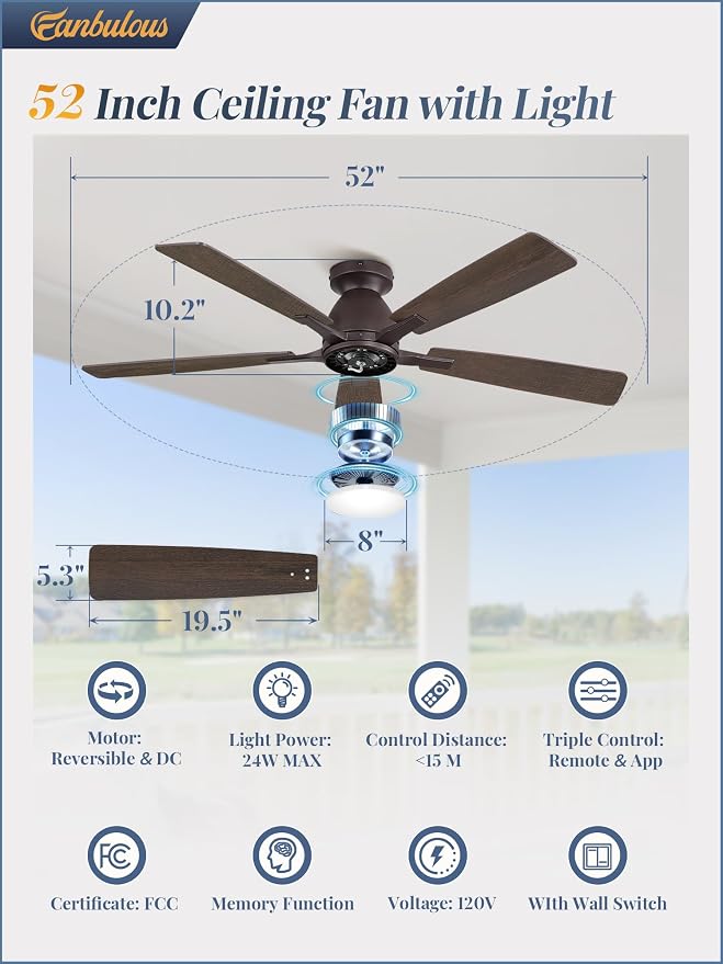 Fanbulous 52" Flush Mount Ceiling Fan with Light, Remote & App, Oil Bronze | 3CCT 20W LED, 6-Speed Quiet Reversible Motor, Modern Low Profile Flush Mount, Ideal for Bedroom/Living Room/Kitchen.
