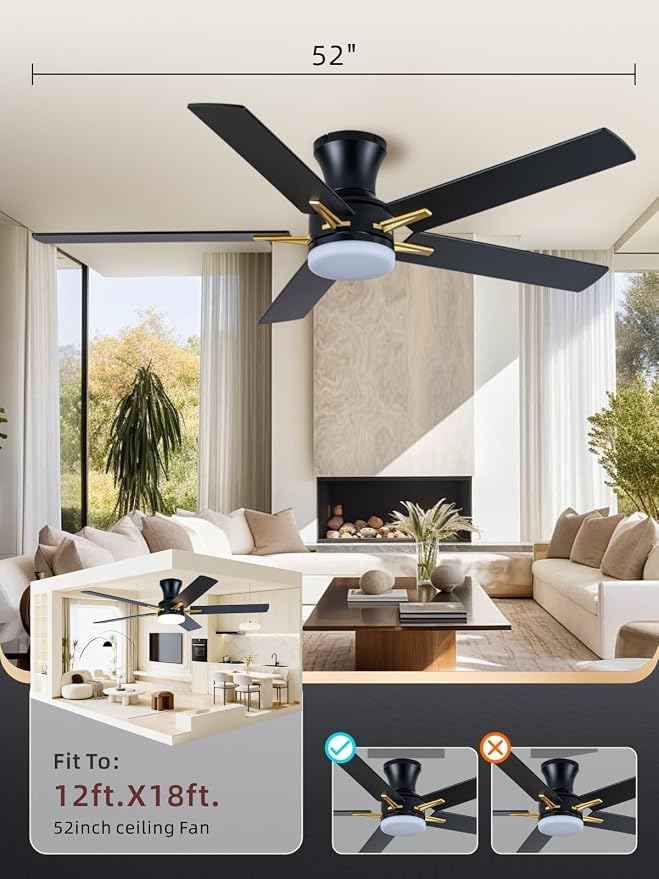 LANMEL 52 Inch Flush Mount Ceiling Fan with Light, App&Remote Control, Low Profile Modern Ceiling Fan, 6 Speed, Reversible, 3000k-6500k Dimmable LED, Quiet DC Motor for Indoor Outdoor, Gold Black