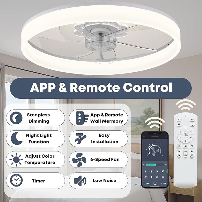 FSZDORJ 20'' Ceiling Fan with Light and Remote, Low Profile Ceiling Fan with Light, Dimmable Flush Mount Ceiling Fan Light, 6 Speeds Fan, App&Remote Control, Fandelier Quiet Fan for Bedroom F116 White